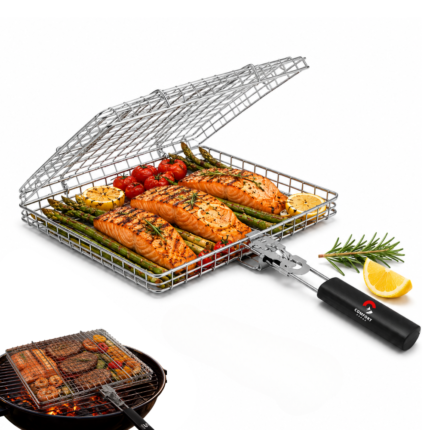 Grill Basket Set with Removable Rubber Wood Handle, Stainless Steel